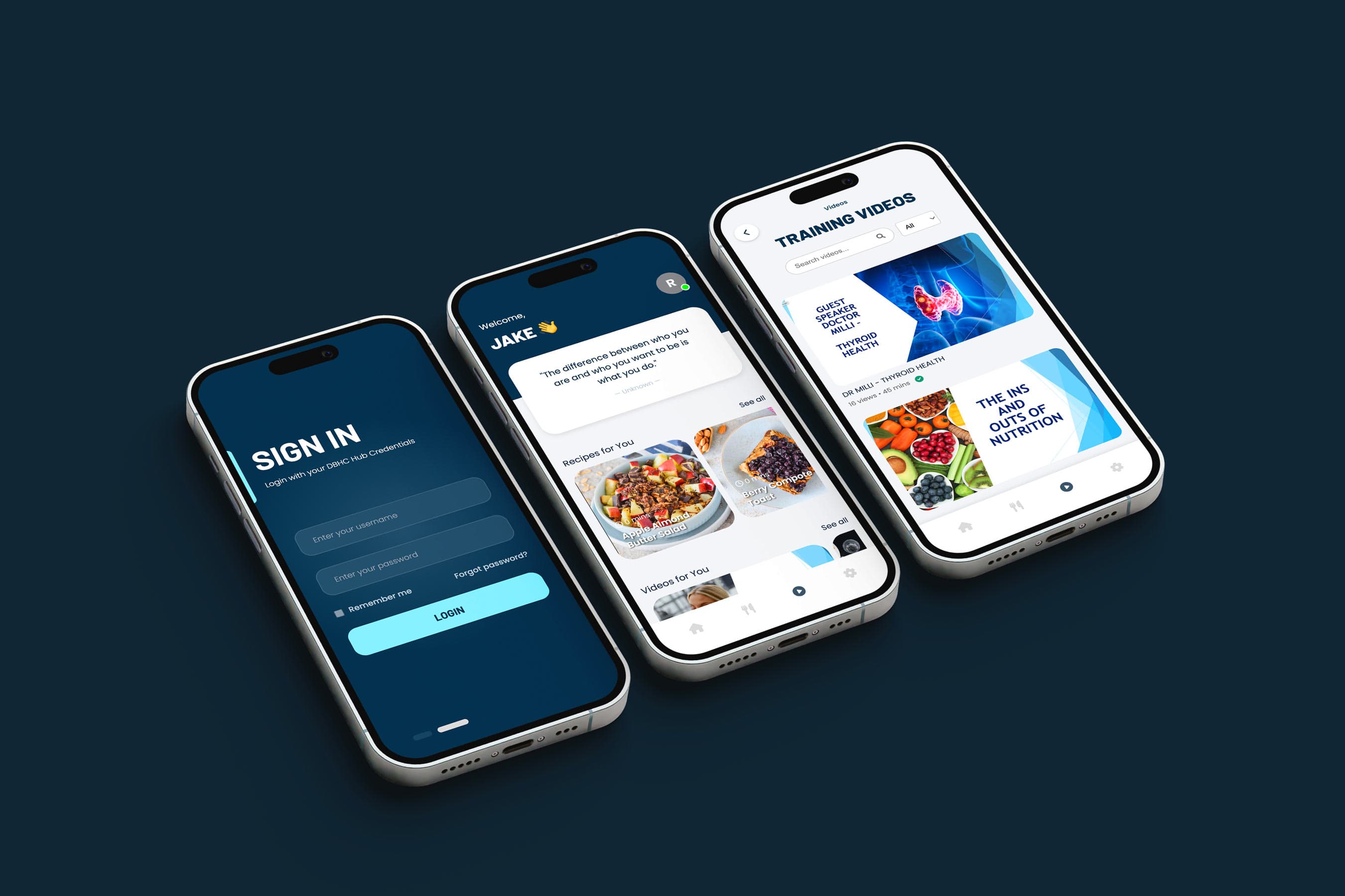 Diabetic Health Coach digital experience displayed on three phones.