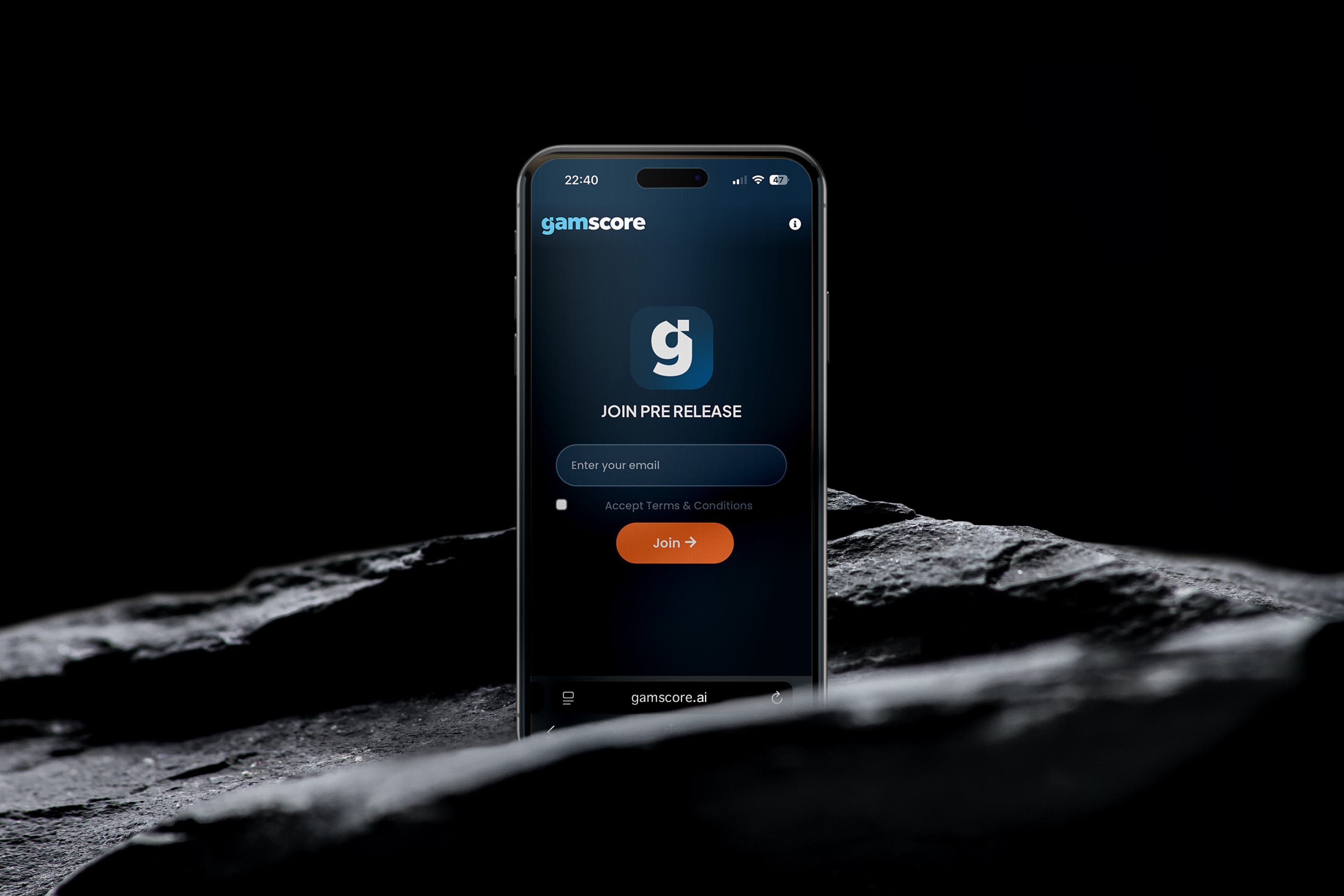 Gamscore mobile product experience displayed on a phone.